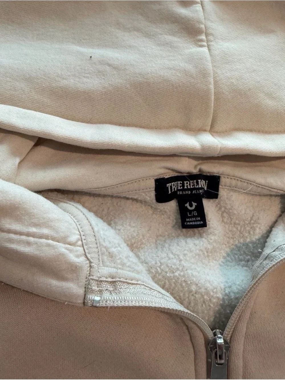 True Religion Men's Cream Hoodie with Navy Logo